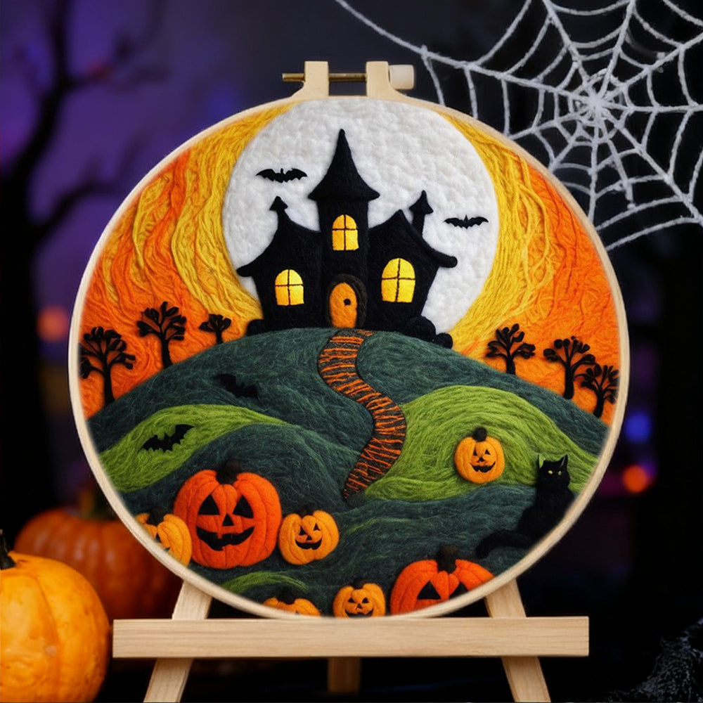 Moonlit Halloween Castle with Pumpkins Wool Needle Felting Painting Kit