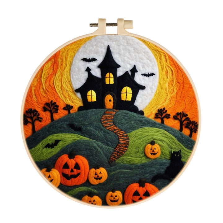 Moonlit Halloween Castle with Pumpkins Wool Needle Felting Painting Kit