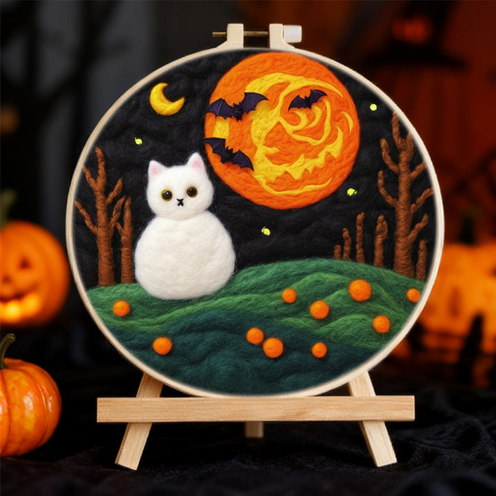 Halloween Forest with White Cat Wool Needle Felting Painting Kit