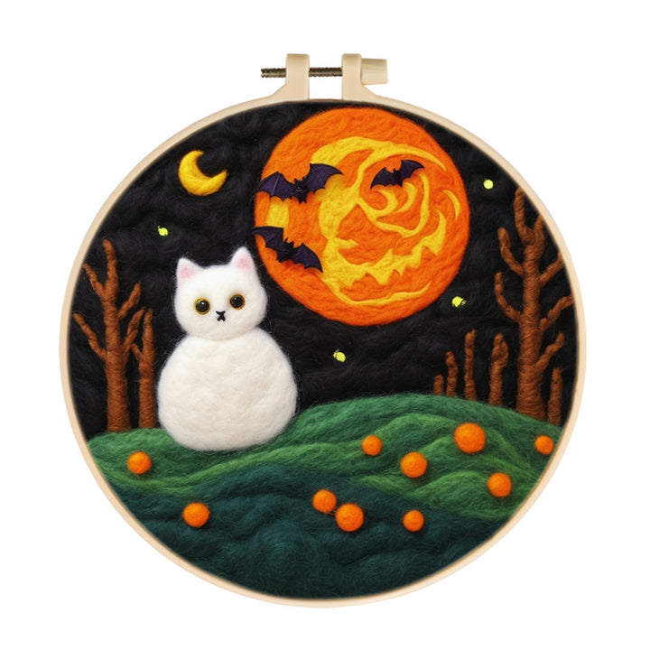 Halloween Forest with White Cat Wool Needle Felting Painting Kit