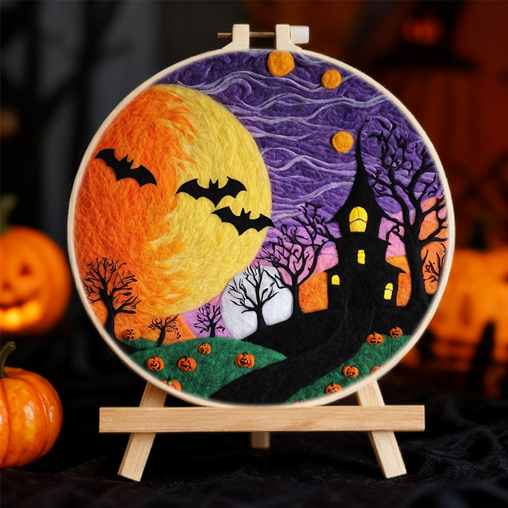 Halloween Bats Flying over Yellow Moon Wool Needle Felting Painting Kit