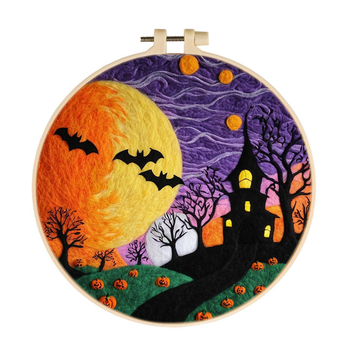 Halloween Bats Flying over Yellow Moon Wool Needle Felting Painting Kit