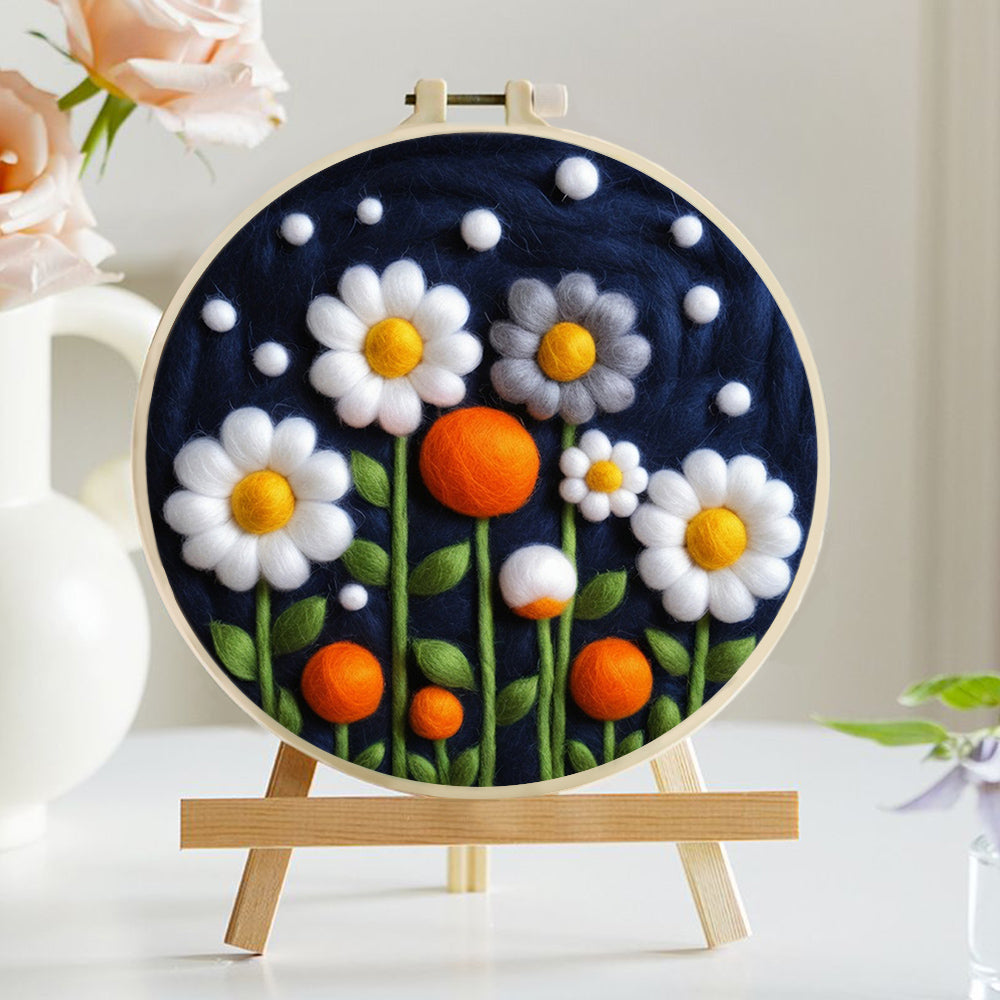 White Daisies and Floral Buds Wool Needle Felting Painting Kit