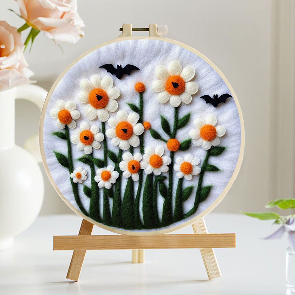 White Daisies and Black Bats Wool Needle Felting Painting Kit