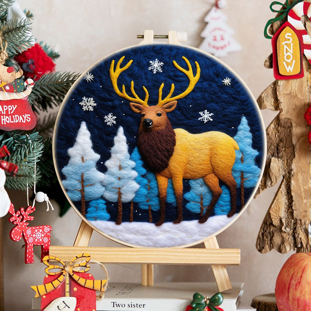 Elk in Blue Woods Wool Needle Felting Painting Kit