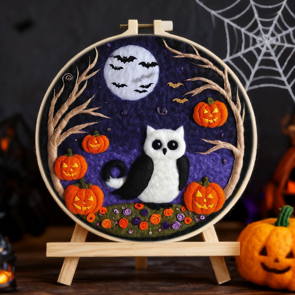 Halloween Owl with Moon and Pumpkins Wool Needle Felting Painting Kit