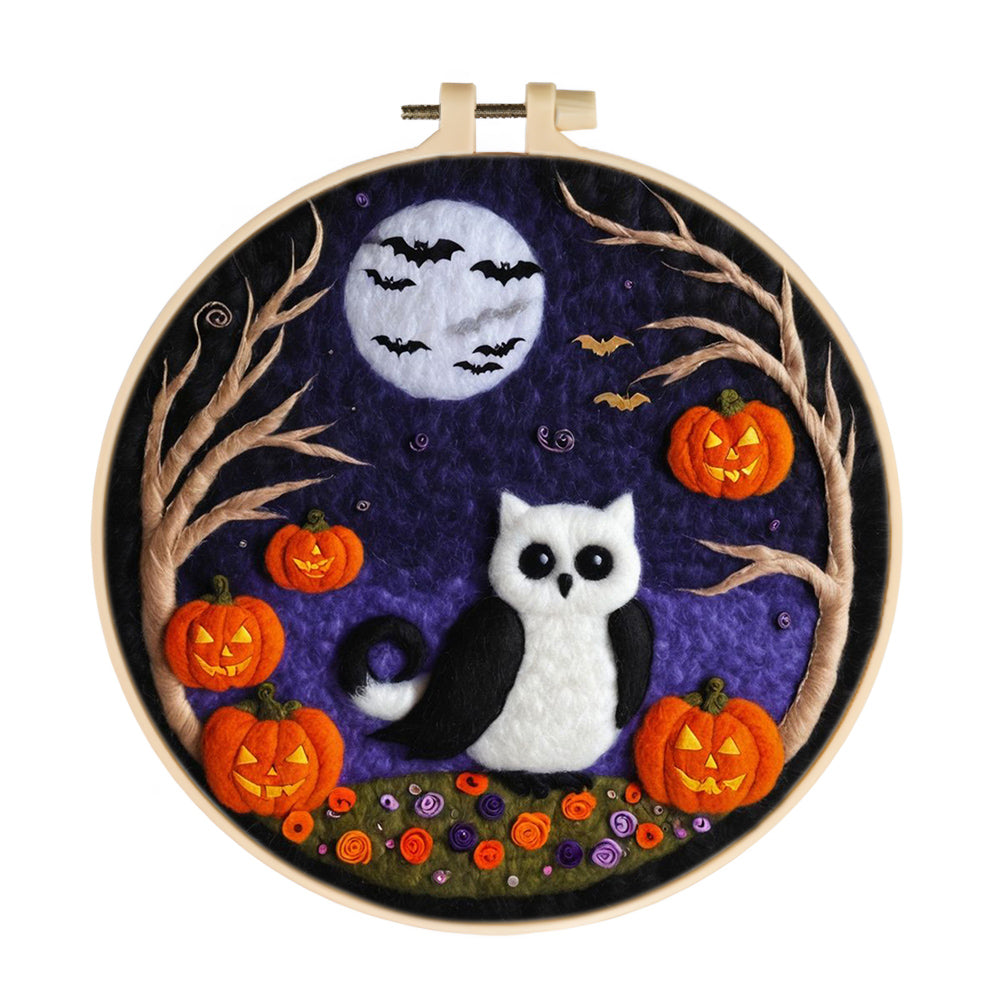 Halloween Owl with Moon and Pumpkins Wool Needle Felting Painting Kit