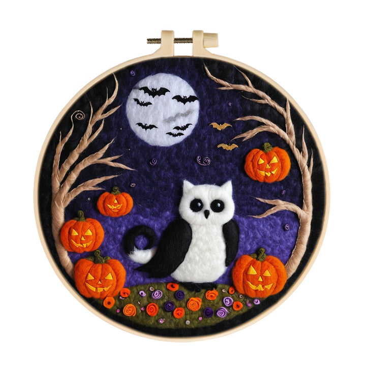 Halloween Owl with Moon and Pumpkins Wool Needle Felting Painting Kit