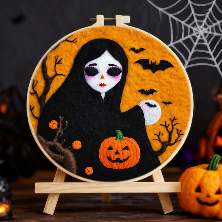 Halloween Girl with Moon Bats Wool Needle Felting Painting Kit
