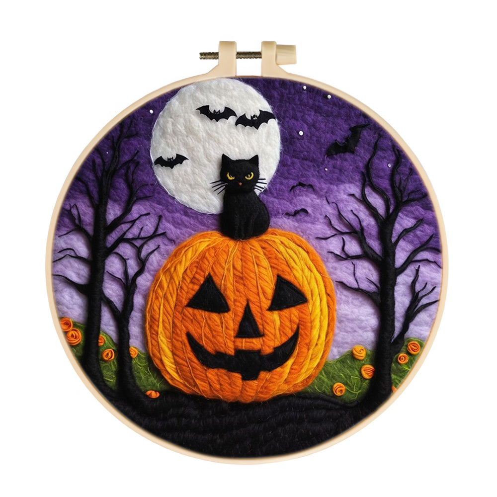 Halloween Black Cat on Pumpkin Wool Needle Felting Painting Kit