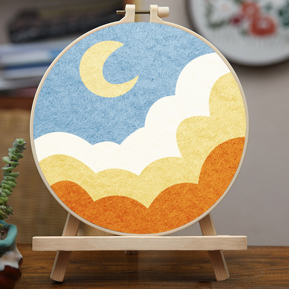 Crescent Moon above Layered Clouds Wool Needle Felting Painting Kit