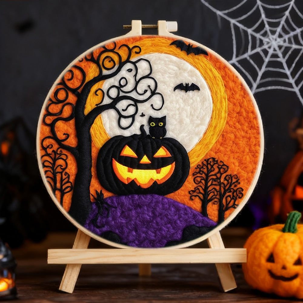 Halloween Pumpkin with Black Cat Wool Needle Felting Painting Kit