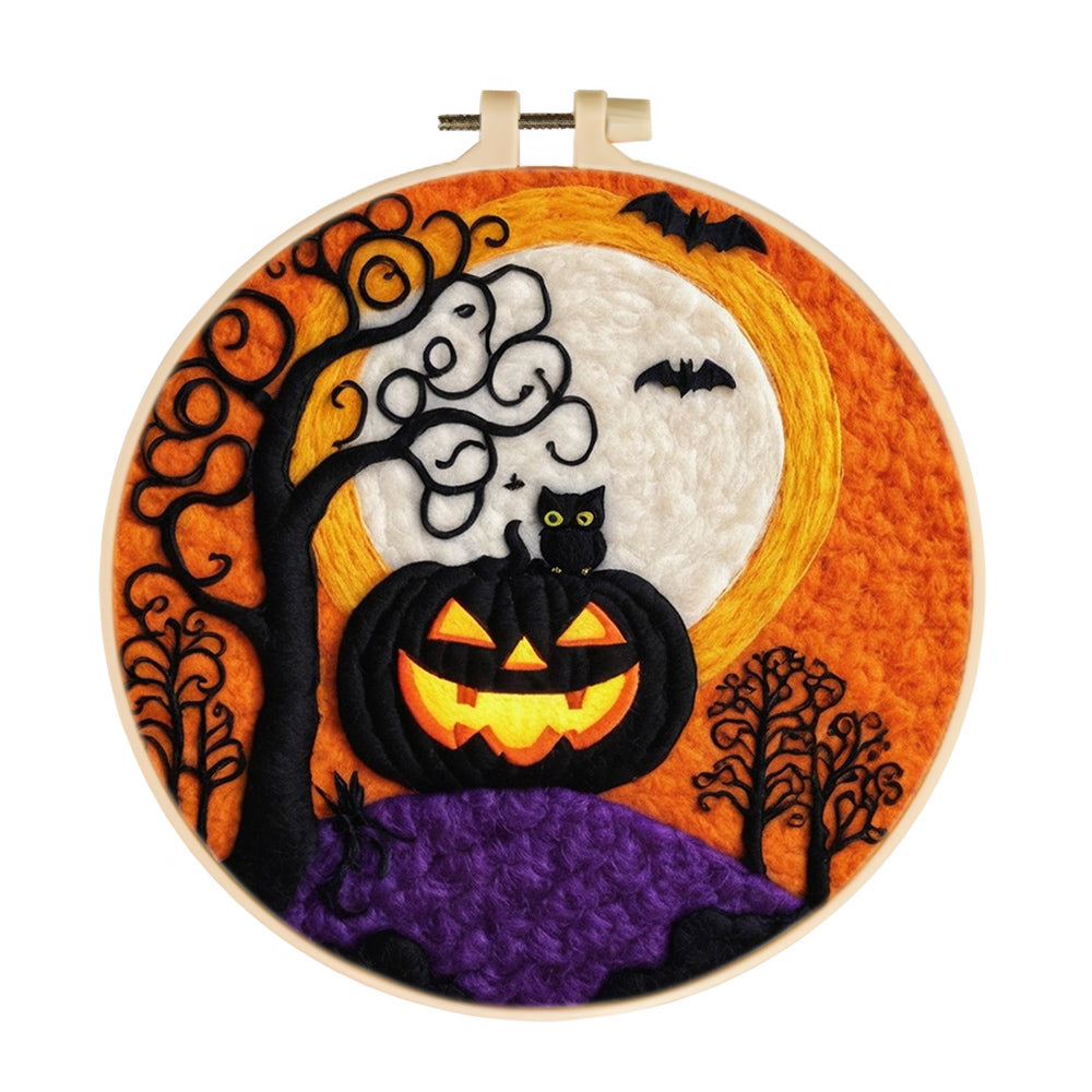 Halloween Pumpkin with Black Cat Wool Needle Felting Painting Kit