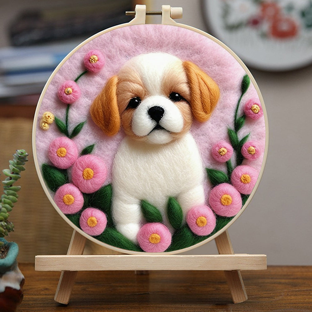 Adorable Puppy with Pink Flowers Wool Needle Felting Painting Kit