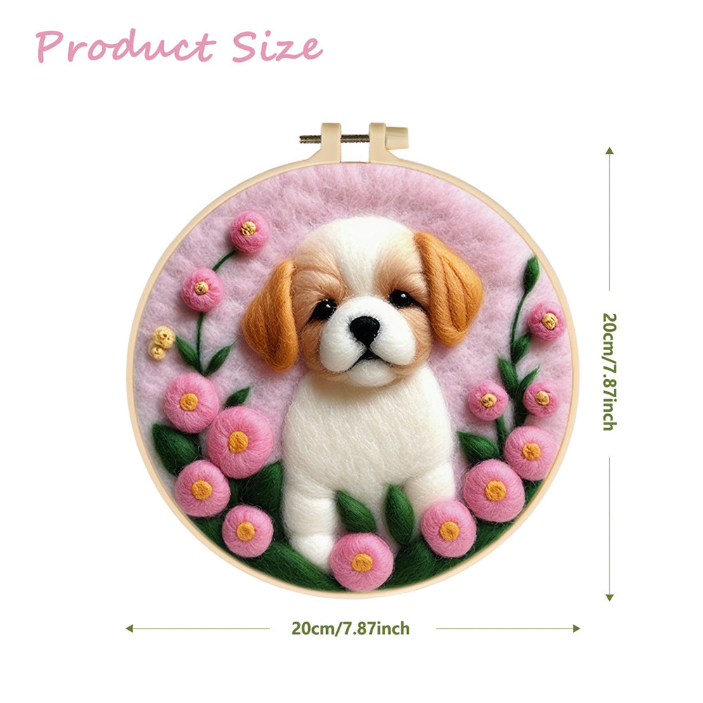 Adorable Puppy with Pink Flowers Wool Needle Felting Painting Kit