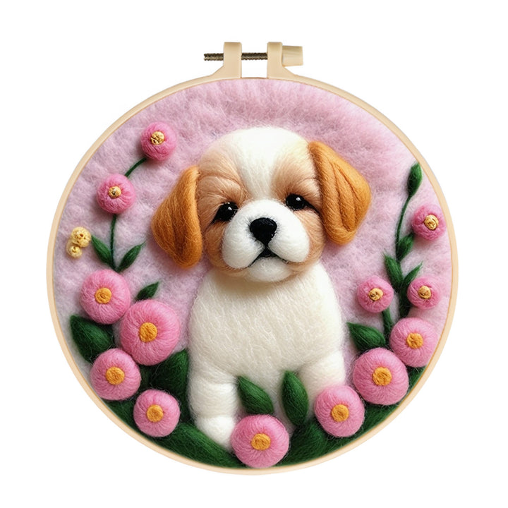 Adorable Puppy with Pink Flowers Wool Needle Felting Painting Kit