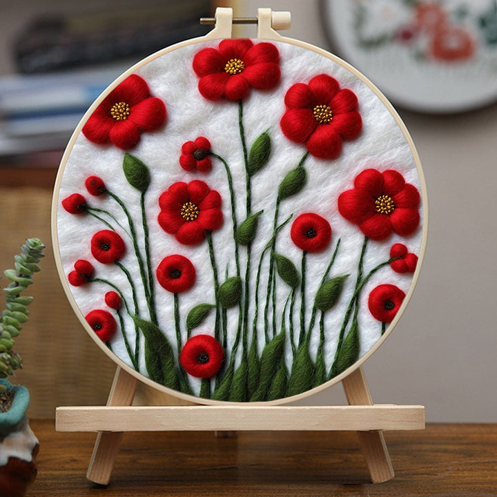 Soft Red Blooming Flowers Wool Needle Felting Painting Kit