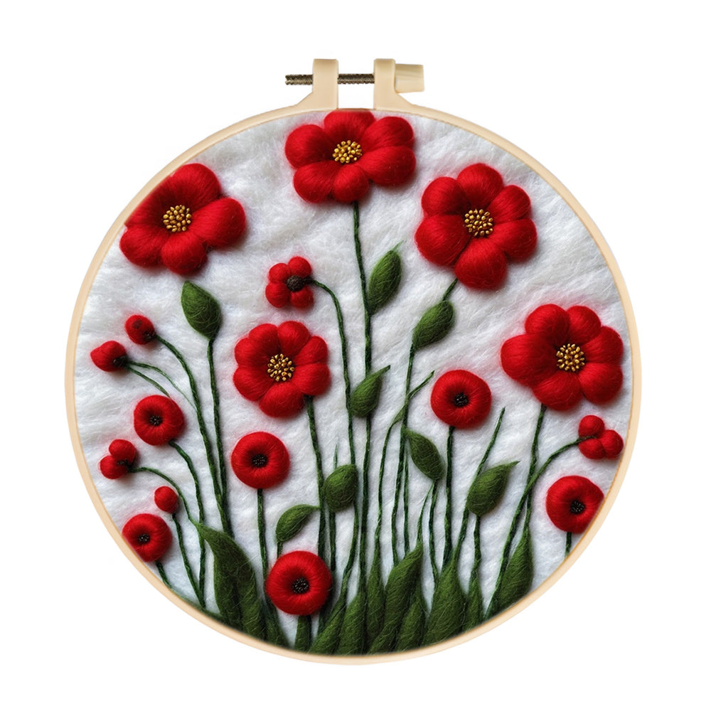 Soft Red Blooming Flowers Wool Needle Felting Painting Kit