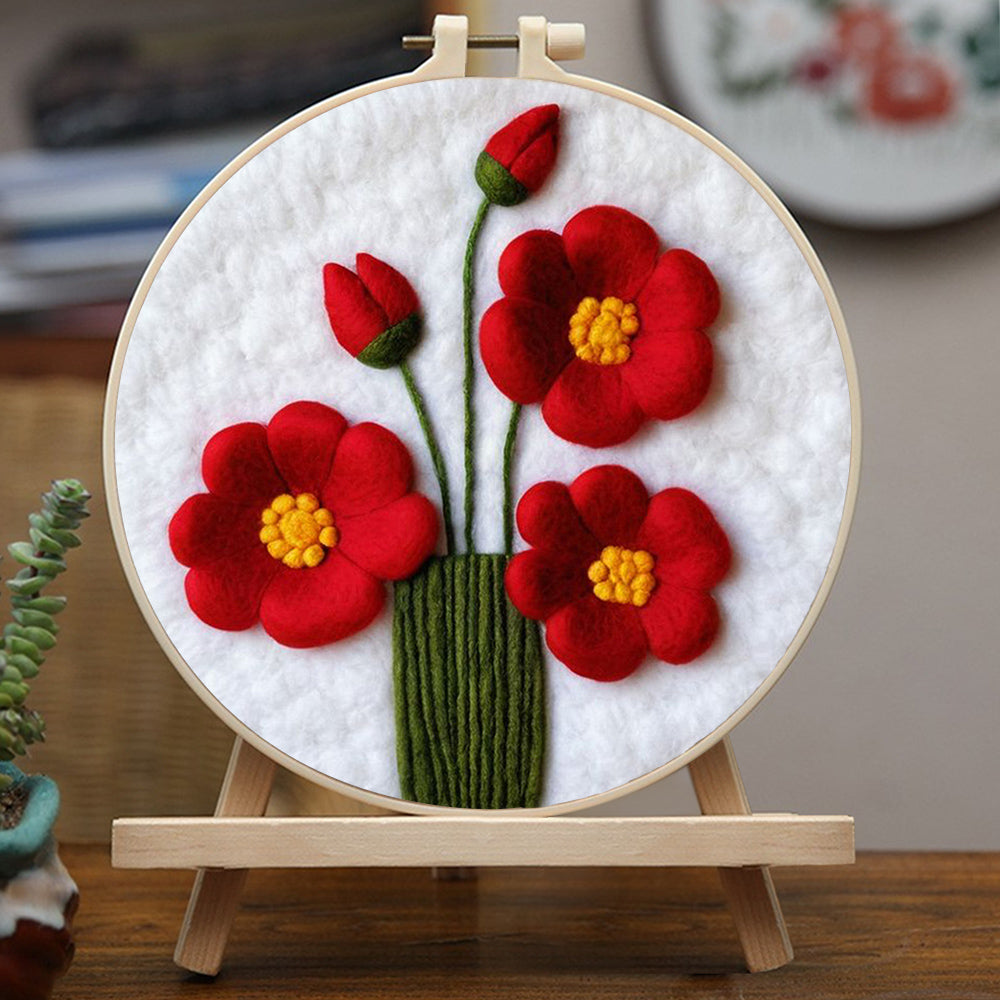 Bright Red Flower Bouquet Wool Needle Felting Painting Kit