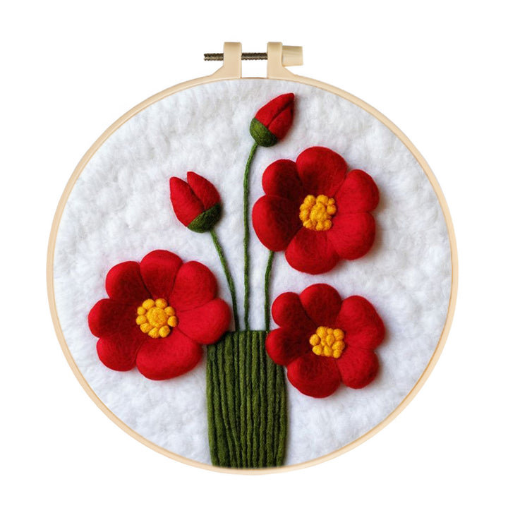 Bright Red Flower Bouquet Wool Needle Felting Painting Kit