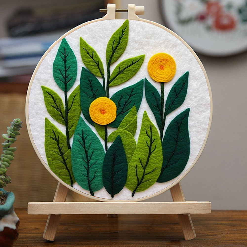 Bright Yellow Flowers among Leaves Wool Needle Felting Painting Kit