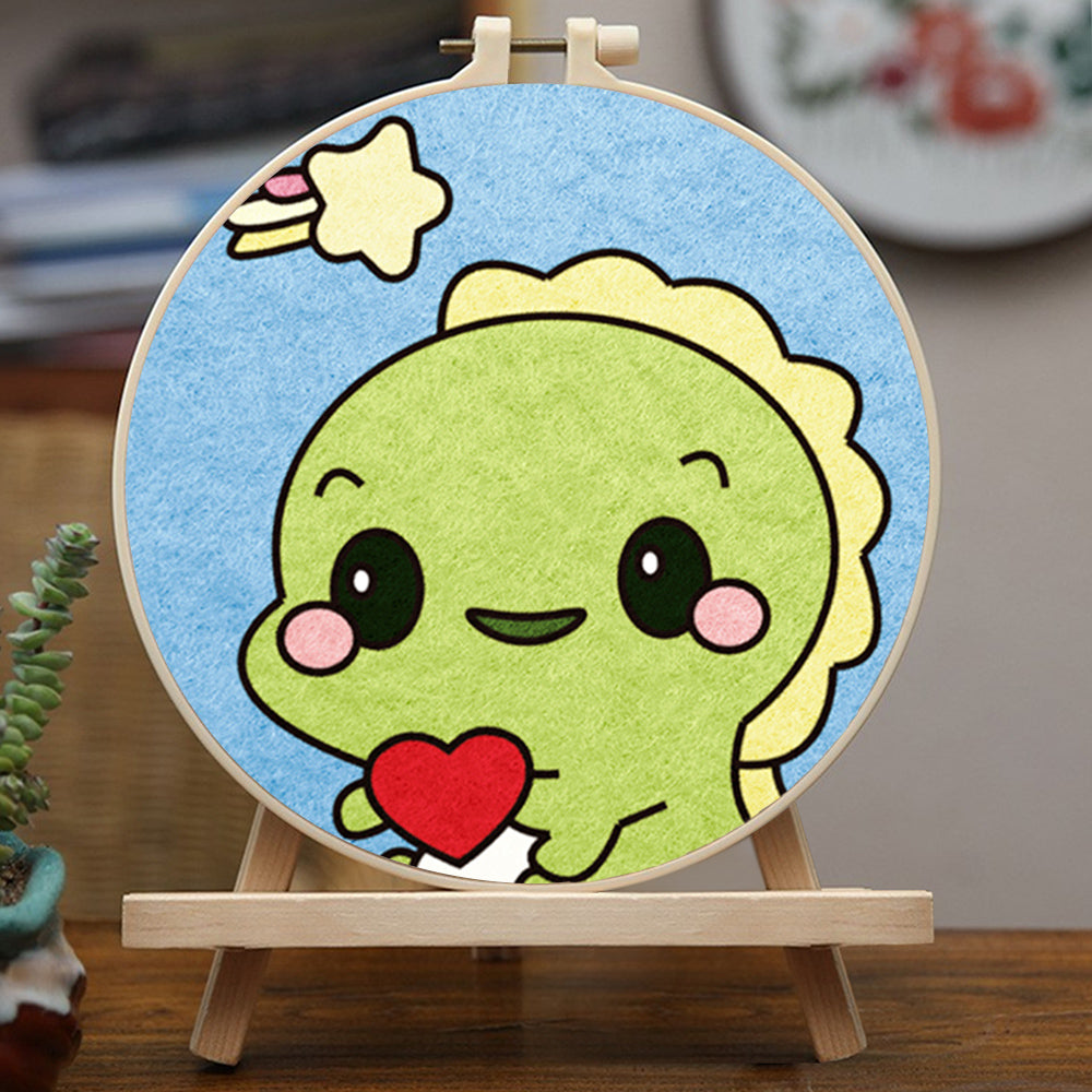 Cute Green Dinosaur Holding Heart Wool Needle Felting Painting Kit