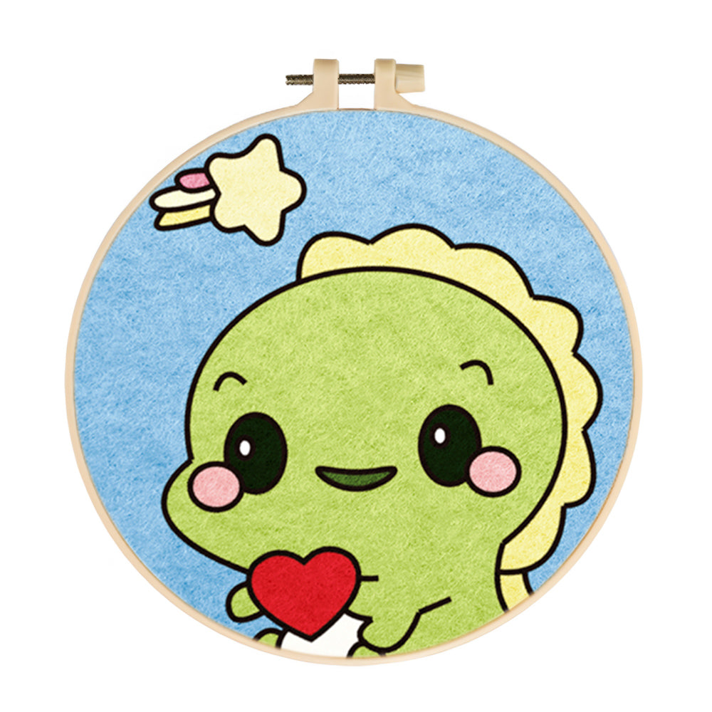 Cute Green Dinosaur Holding Heart Wool Needle Felting Painting Kit