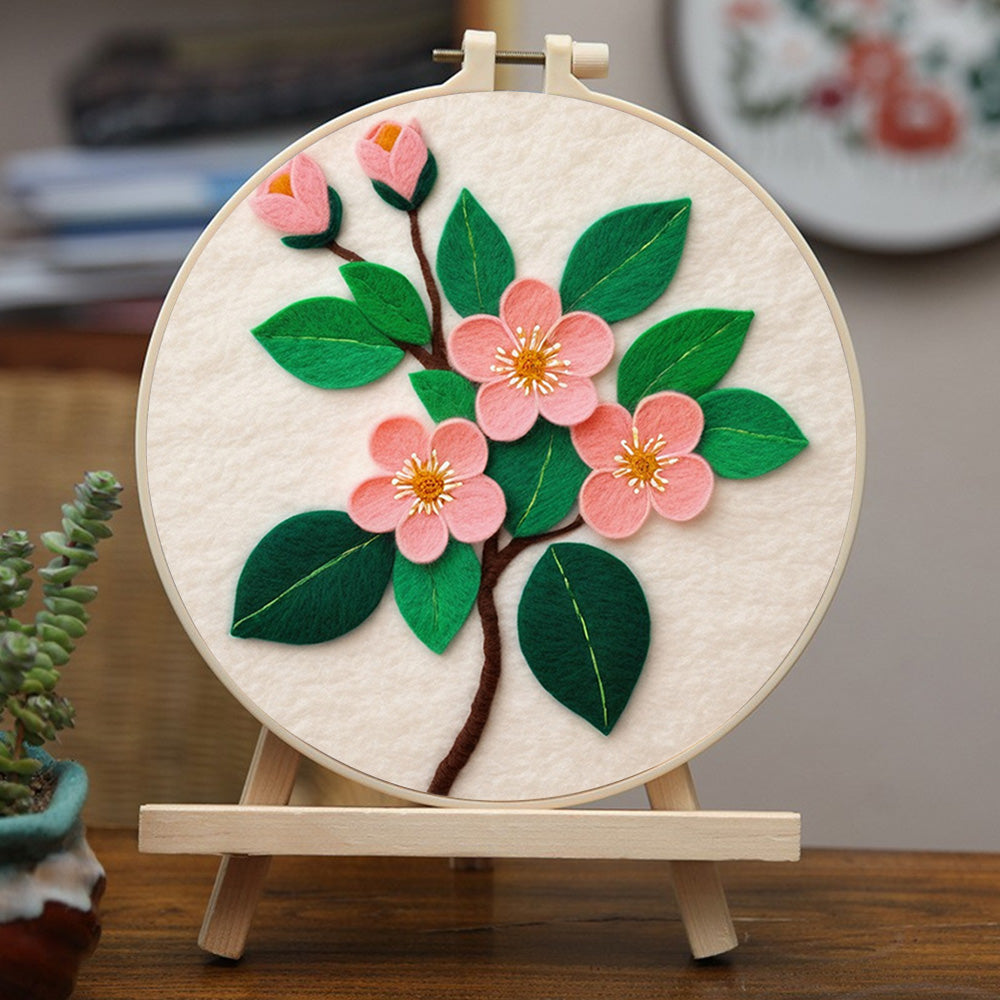 Pink Peach Blossoms with Green Leaves Wool Needle Felting Painting Kit