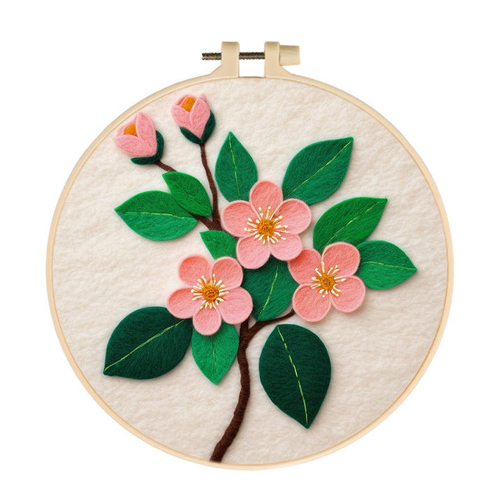 Pink Peach Blossoms with Green Leaves Wool Needle Felting Painting Kit