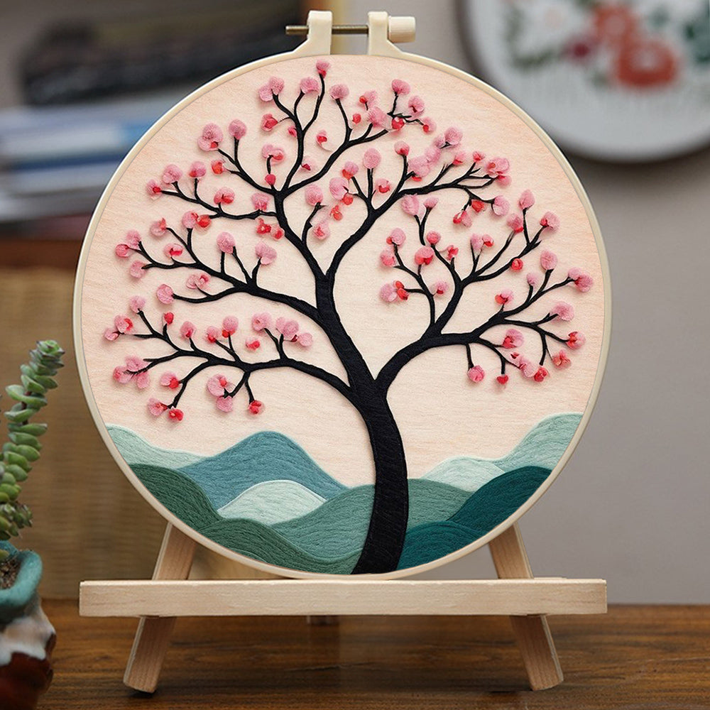Blooming Pink Tree over Hills Wool Needle Felting Painting Kit