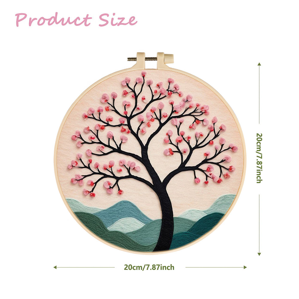 Blooming Pink Tree over Hills Wool Needle Felting Painting Kit