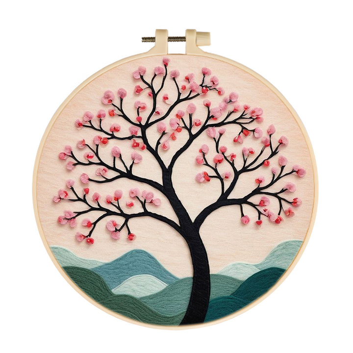 Blooming Pink Tree over Hills Wool Needle Felting Painting Kit