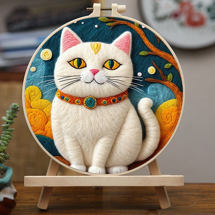 White Cat Wearing Beaded Collar Wool Needle Felting Painting Kit