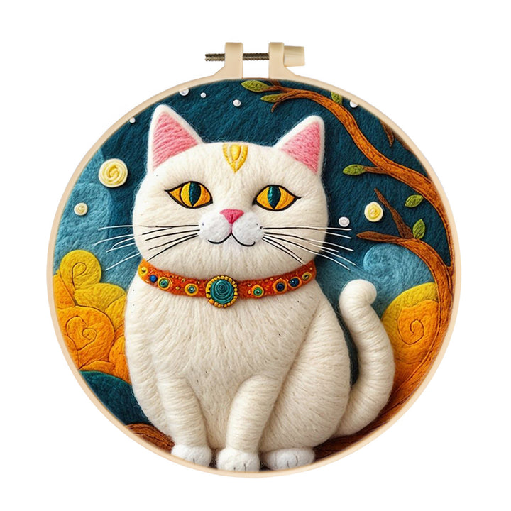 White Cat Wearing Beaded Collar Wool Needle Felting Painting Kit