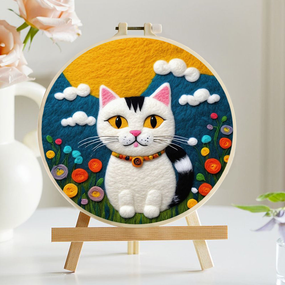 Sweet Cat Enjoying Sunny Sky View Wool Needle Felting Painting Kit
