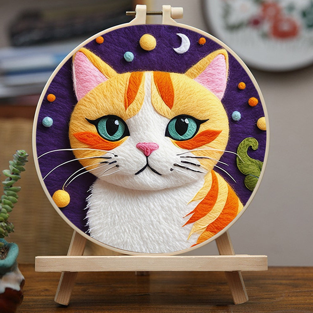 Orange White Cat with Moon Wool Needle Felting Painting Kit