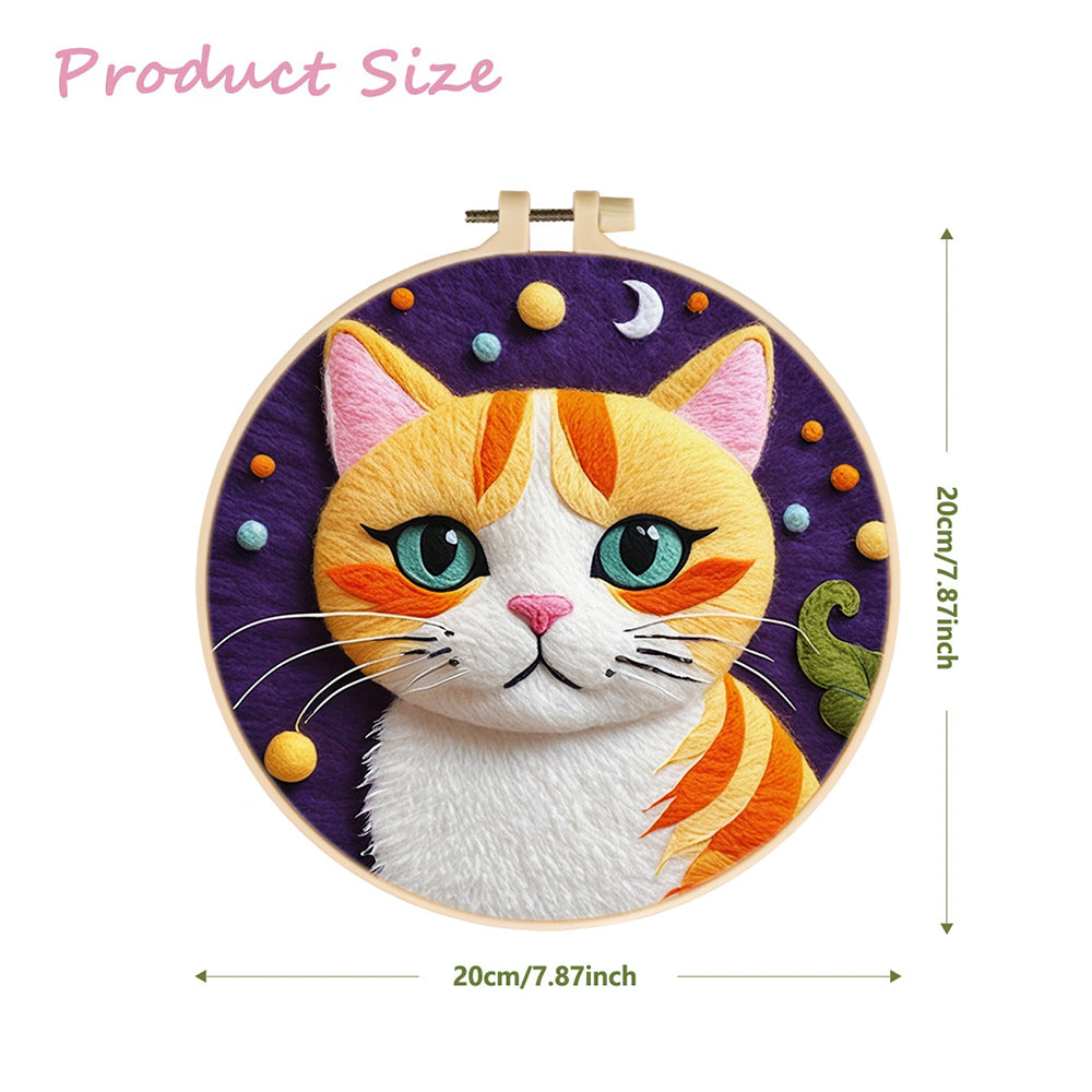 Orange White Cat with Moon Wool Needle Felting Painting Kit