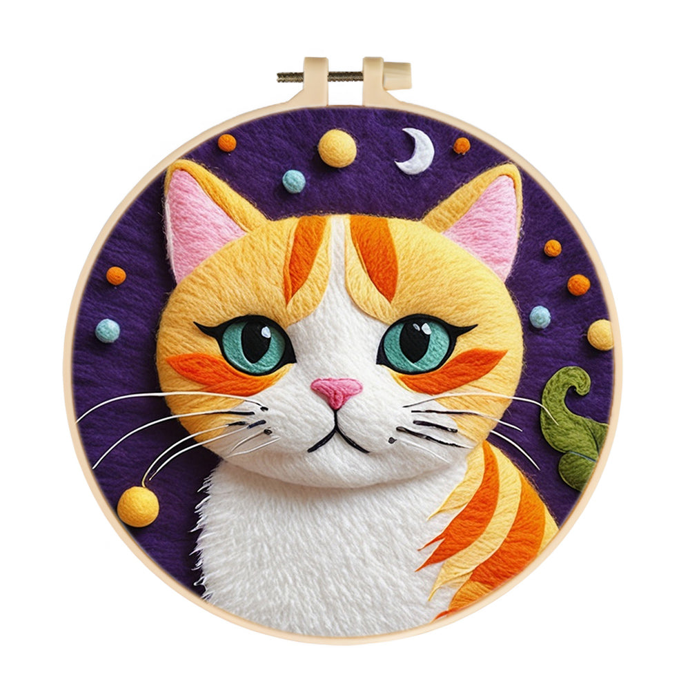 Orange White Cat with Moon Wool Needle Felting Painting Kit