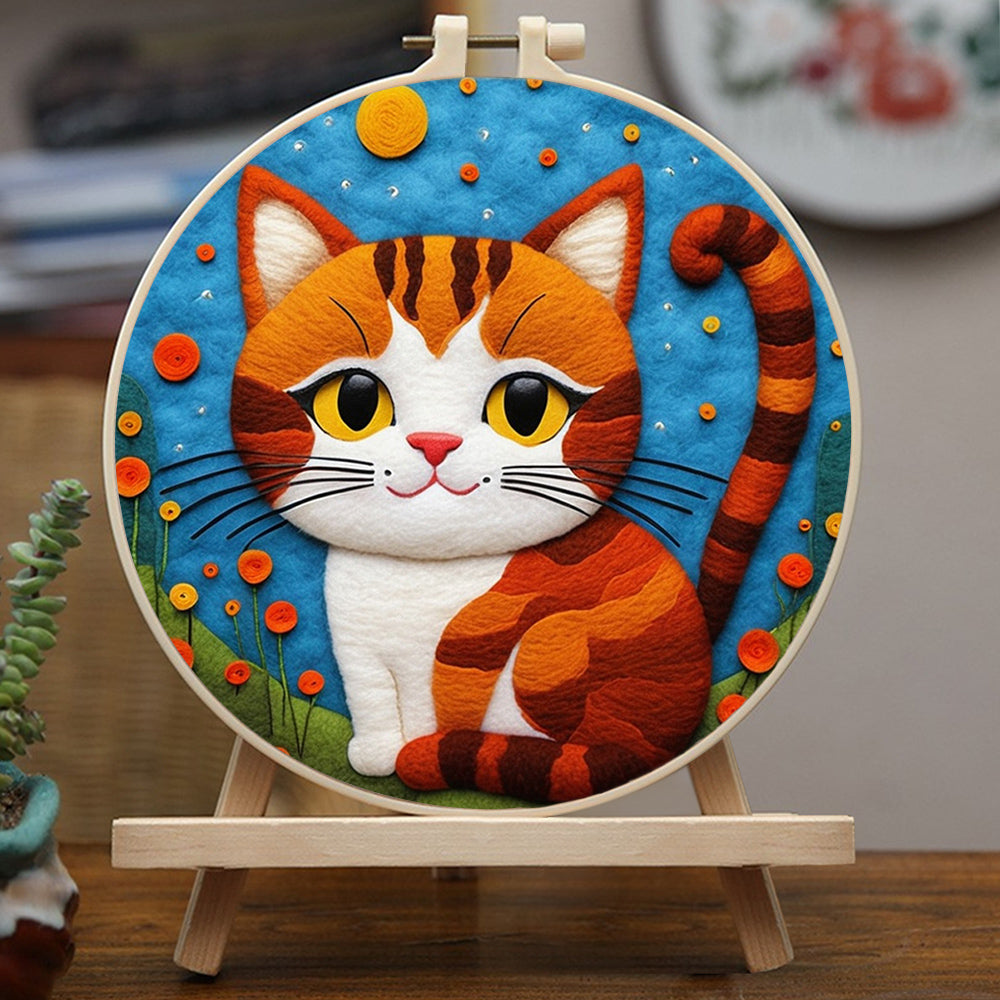 Orange White Cat under Moon Wool Needle Felting Painting Kit