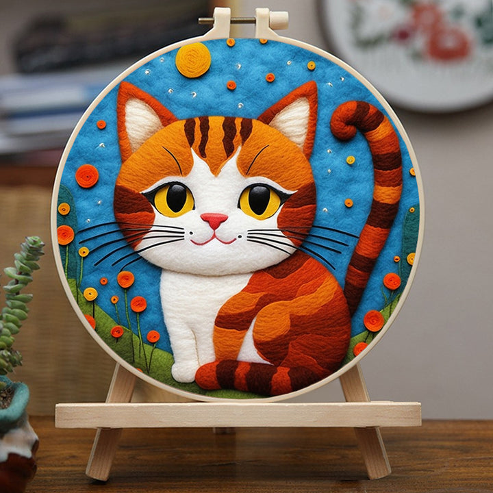 Orange White Cat under Moon Wool Needle Felting Painting Kit