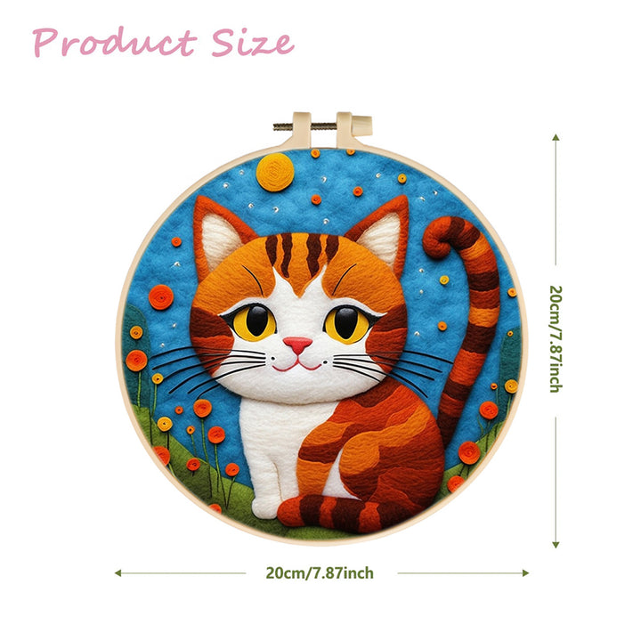 Orange White Cat under Moon Wool Needle Felting Painting Kit