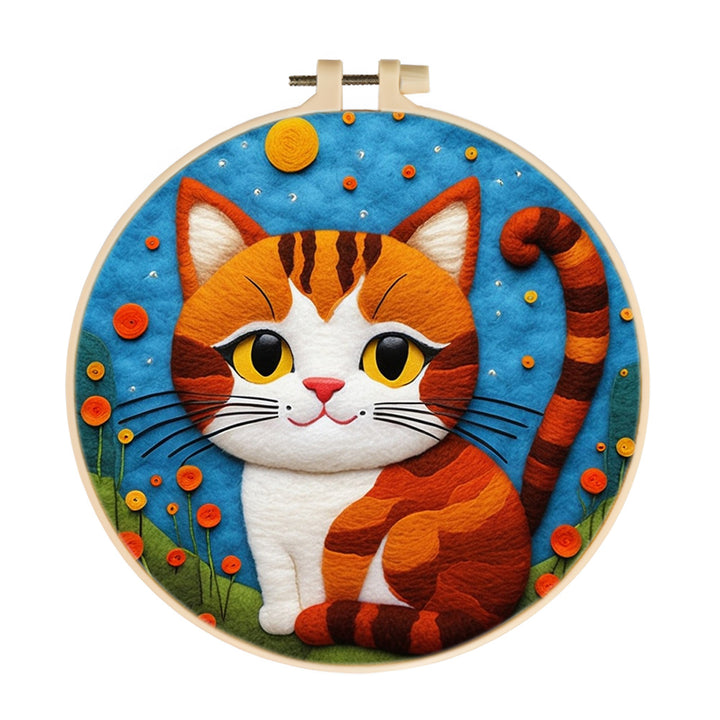 Orange White Cat under Moon Wool Needle Felting Painting Kit