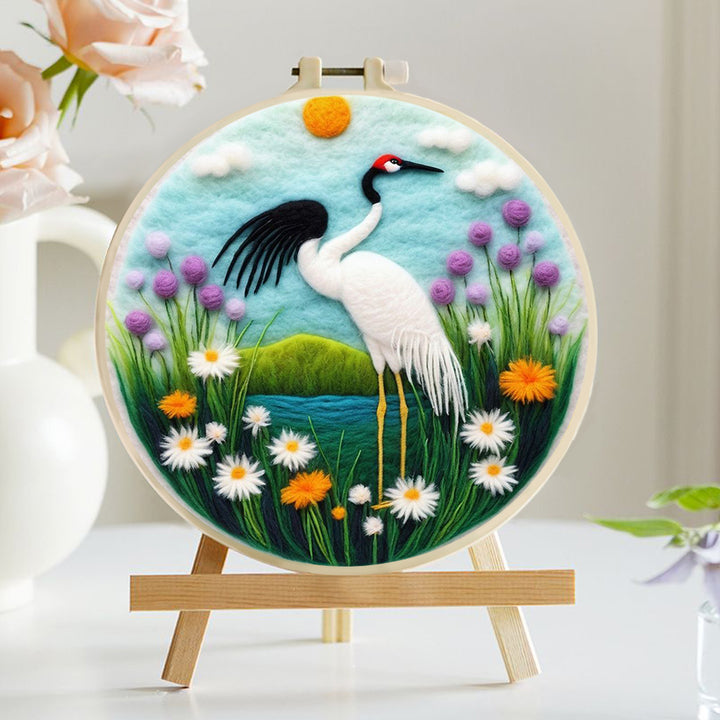 Graceful Crane in a Flourishing Meadow Wool Needle Felting Painting Kit