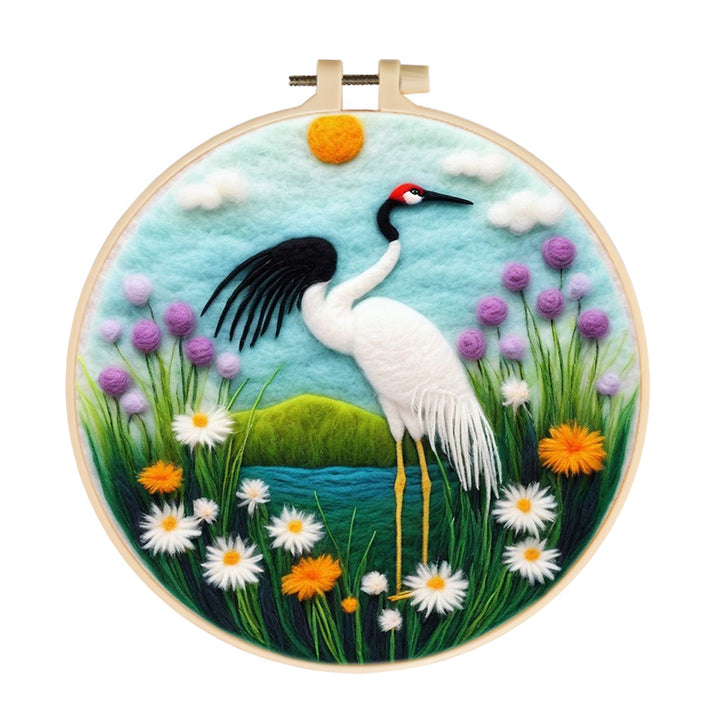 Graceful Crane in a Flourishing Meadow Wool Needle Felting Painting Kit