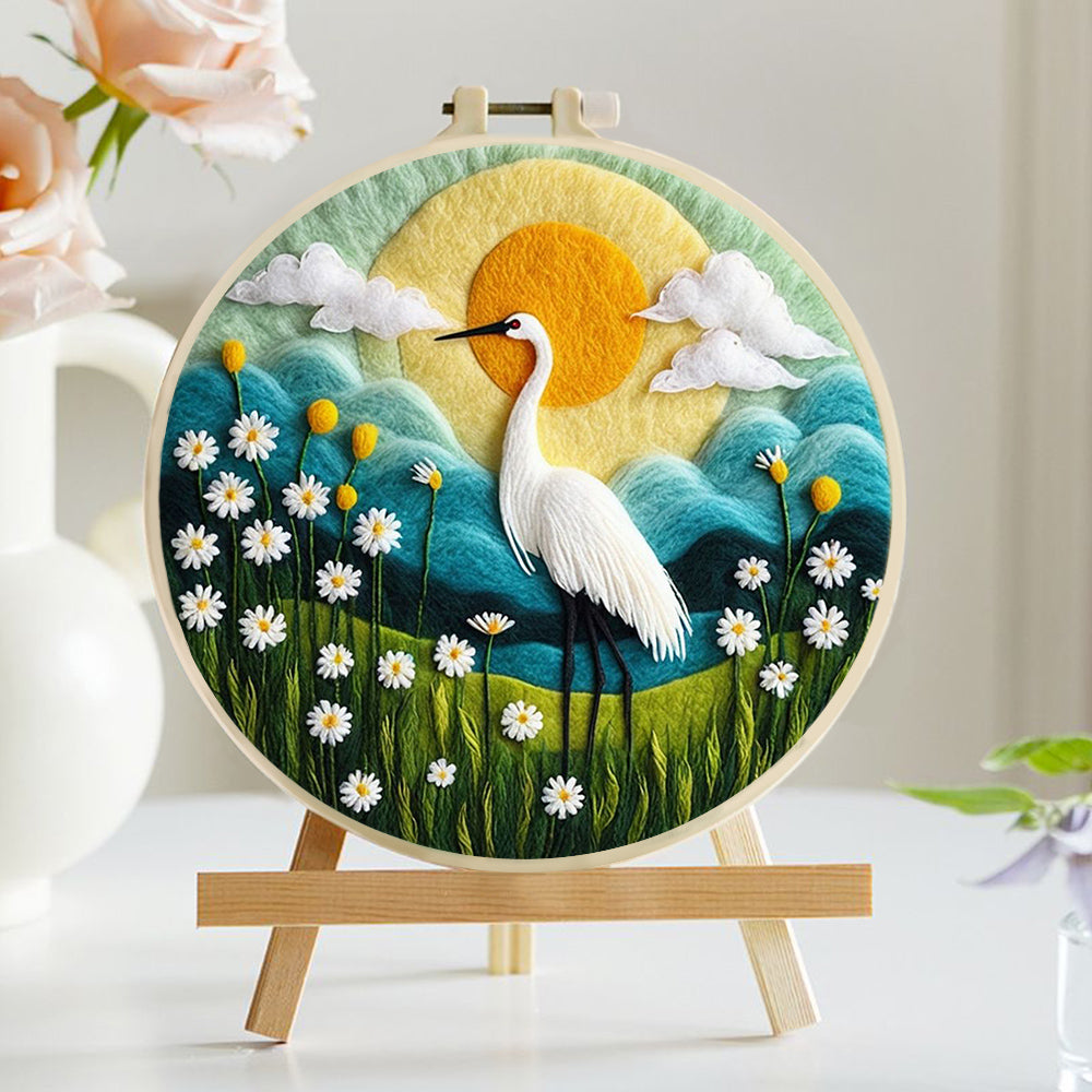 A Crane Stands Amidst A Sea of Flowers Wool Needle Felting Painting Kit