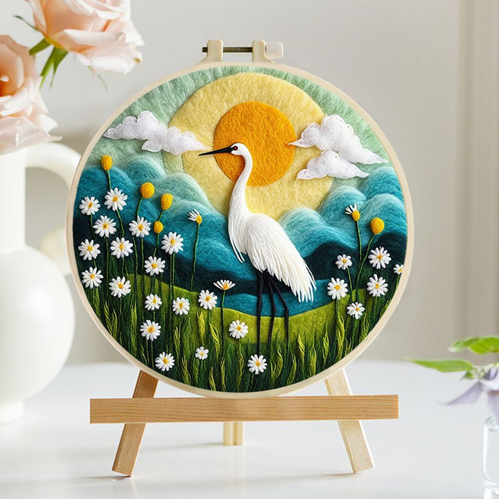 A Crane Stands Amidst A Sea of Flowers Wool Needle Felting Painting Kit