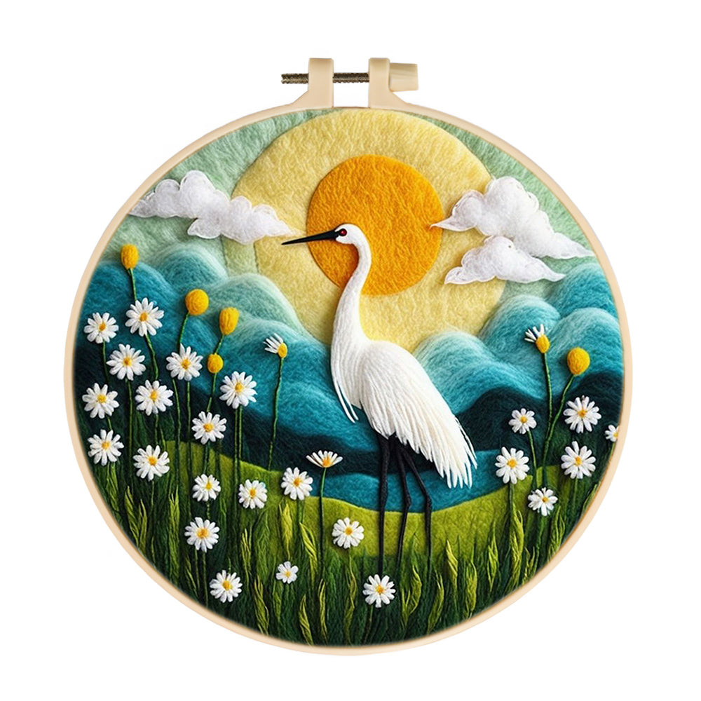 A Crane Stands Amidst A Sea of Flowers Wool Needle Felting Painting Kit