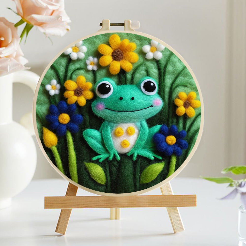 Bright Frog Smiling In Garden Wool Needle Felting Painting Kit