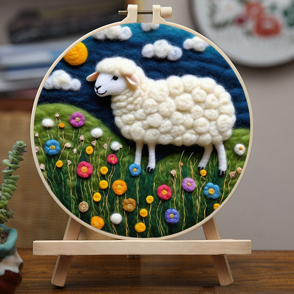 Sheep Is Surrounded By Flowers Under Sky Wool Needle Felting Painting Kit