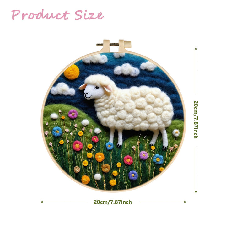 Sheep Is Surrounded By Flowers Under Sky Wool Needle Felting Painting Kit